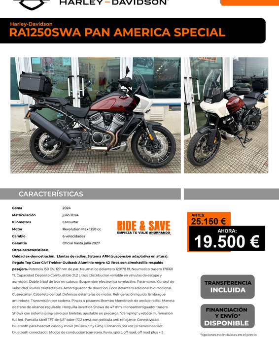 HARLEY-DAVIDSON RA1250SWA PAN AMERICA SPECIAL 2024 - Red Rock y Birch White - OCASIÓN RIDE & SAVE